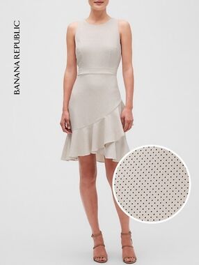 Sz 0 Banana Republic Print Ruffle-Hem Sheath Dress Off White Dot Print